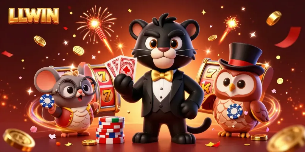 LLWIN showcases a stylish black panther dealer with a cute owl and mouse amidst exciting gaming elements, perfect for casino promotions.