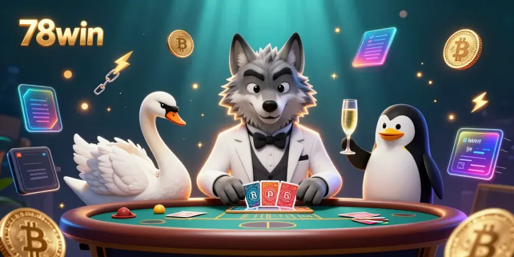 Engage in a thrilling baccarat scene at 78win with vibrant characters and digital elements of chance.