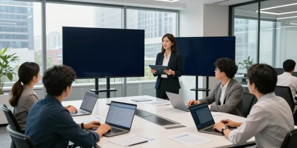 Team collaborating on Enterprise AI solutions in a modern office, showcasing innovative data analysis.