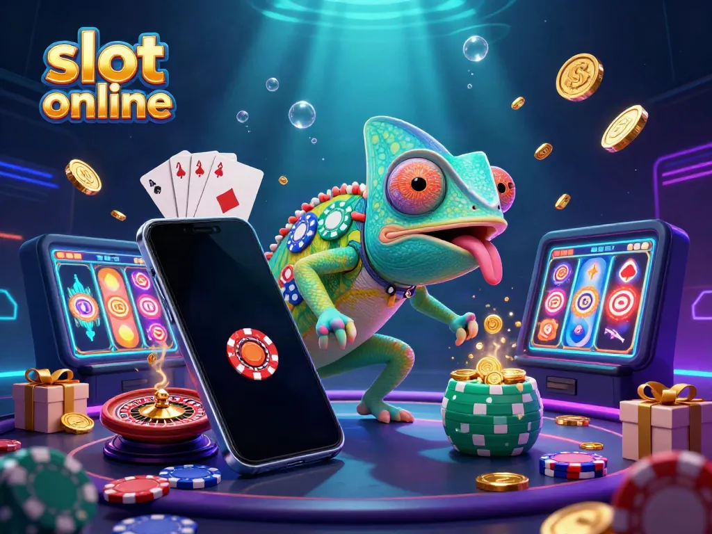 Win big with slots online alongside a colorful chameleon casino owner excitedly watching the games.