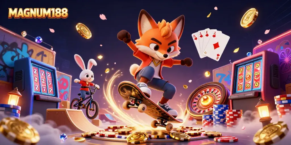 Experience MAGNUM188 thrills with an animated fox and rabbit performing tricks amidst casino symbols.