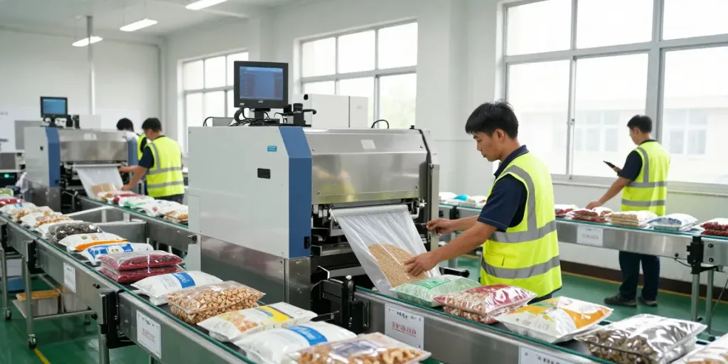 Efficient automatic bagging machine in action, showcasing the expertise of a bagging machines manufacturer.