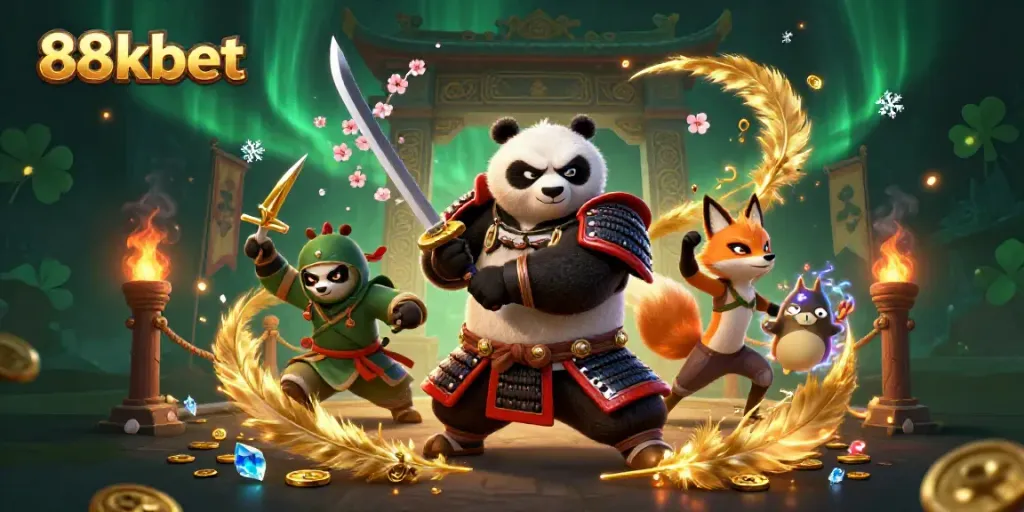 Join the action at 88kbet with dynamic samurai, fox, and tanuki in a vibrant casino scene.