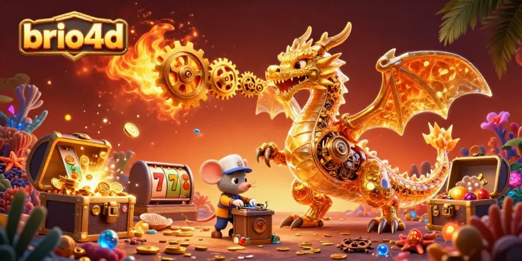 Experience the magic of brio4d with a golden dragon and vibrant slot game elements in a mystical scene.