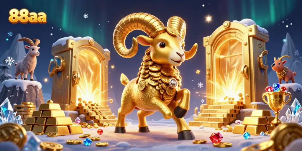 Experience immersive 88aa gaming with a golden ram charging through a treasure vault scene.