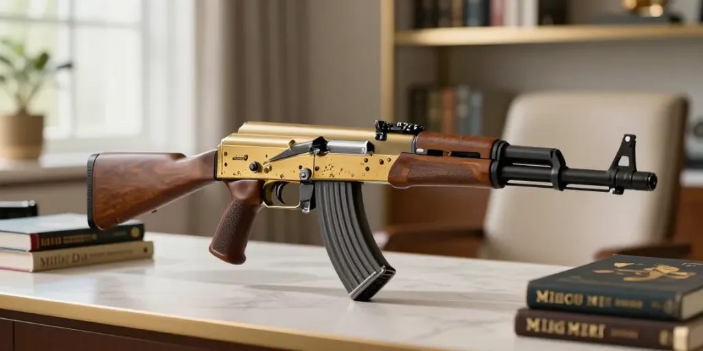 A stunning gold AK-47 on display. Ideal for online shopping and e-commerce product reviews.