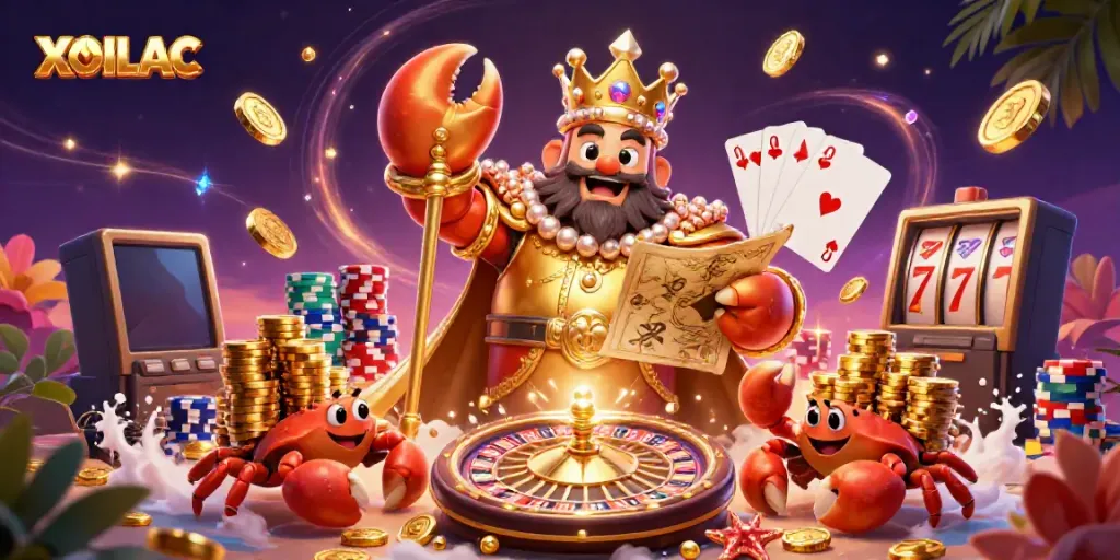 XOILAC showcases a golden crab emperor with treasure in a vibrant casino scene, surrounded by dynamic gaming elements.