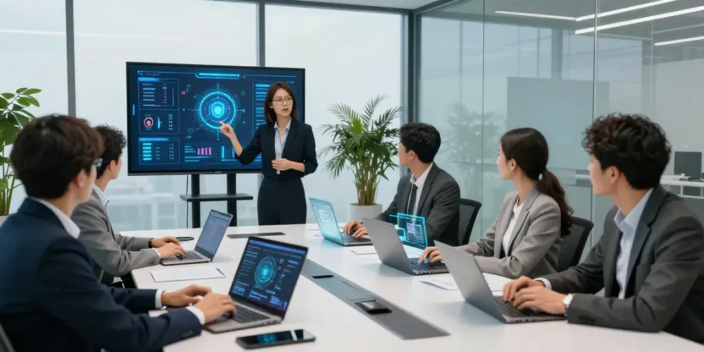 Deepfake-protected meetings in a futuristic corporate conference room with diverse professionals collaborating.