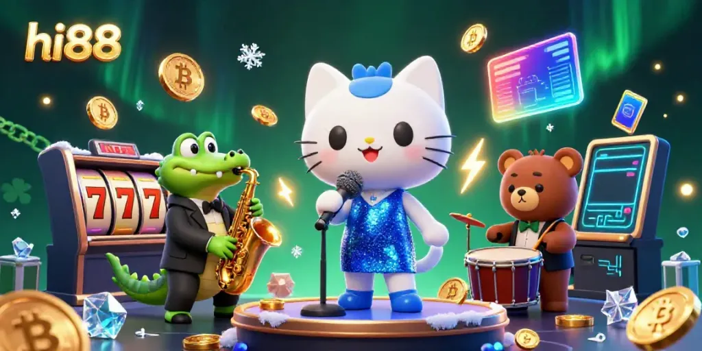 Experience the vibrant energy of hi88's casino with a cartoon cat singer, saxophone crocodile, and drum bear, surrounded by gaming elements.