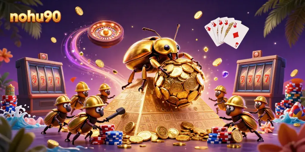 Experience the exhilarating world of nohu90 with a golden beetle symbolizing wealth in a dynamic casino scene.