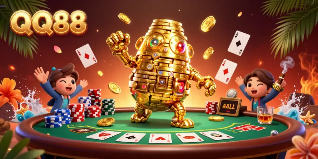 Engage in thrilling gameplay at QQ88 with the dynamic golem and poker scene.