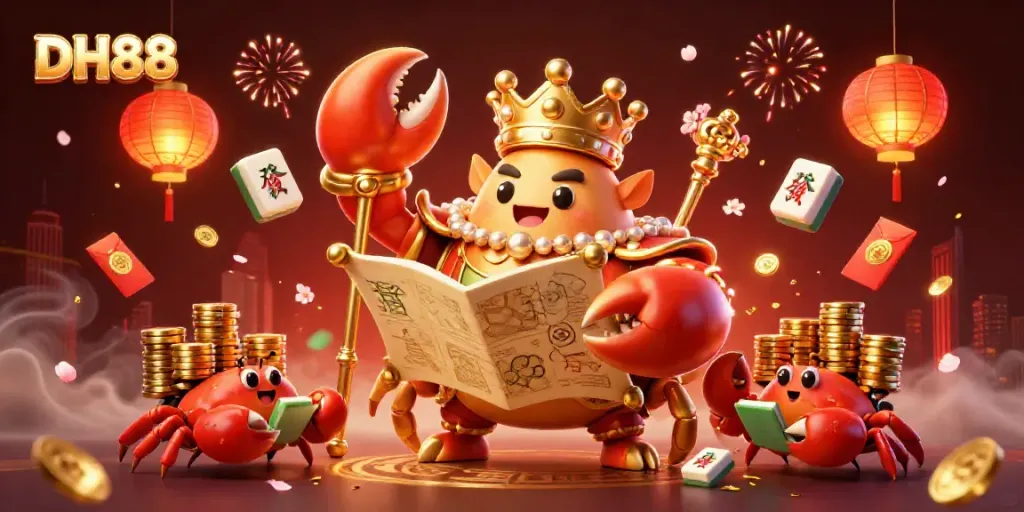 Engage with DH88's vibrant online casino through a dynamic scene featuring a golden crab emperor and gaming elements.