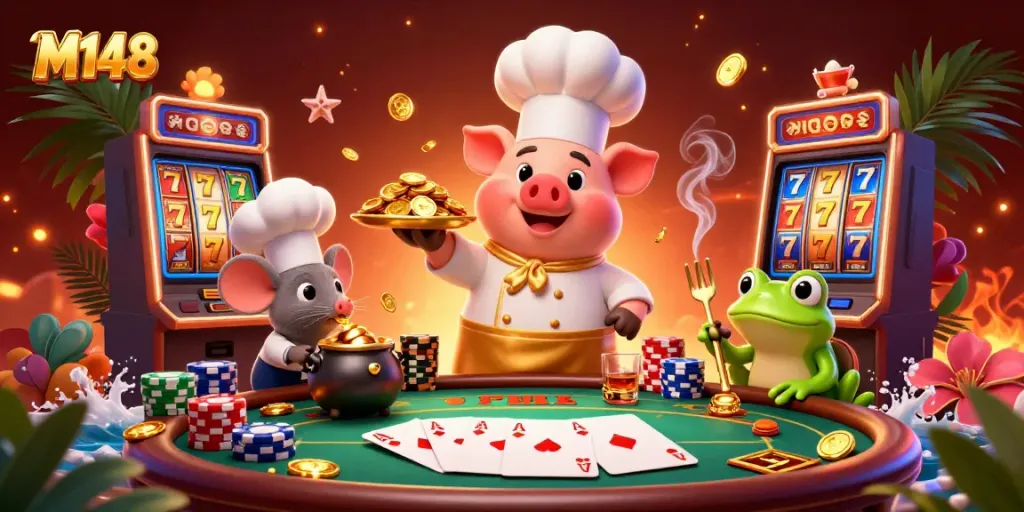Engage with M148's thrilling casino atmosphere featuring the chef pig, sous-chef mouse, and critic frog amidst colorful slot machines and poker elements.