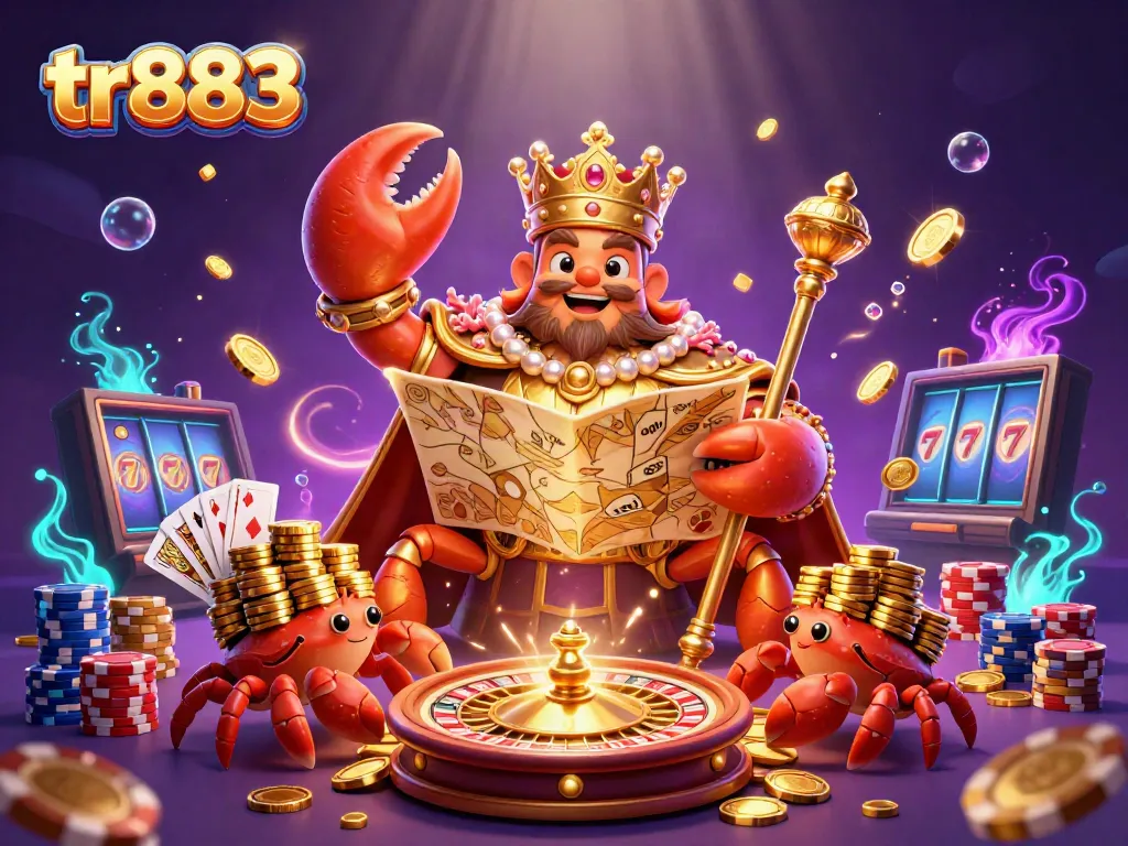 Capture exciting casino moments at tr883 with a vibrant crab emperor and shimmering treasures.
