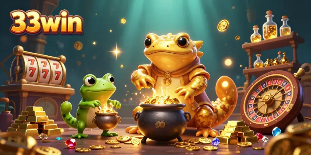 Experience the magic of 33win as a golden salamander transfigures metals into riches surrounded by vibrant casino elements.