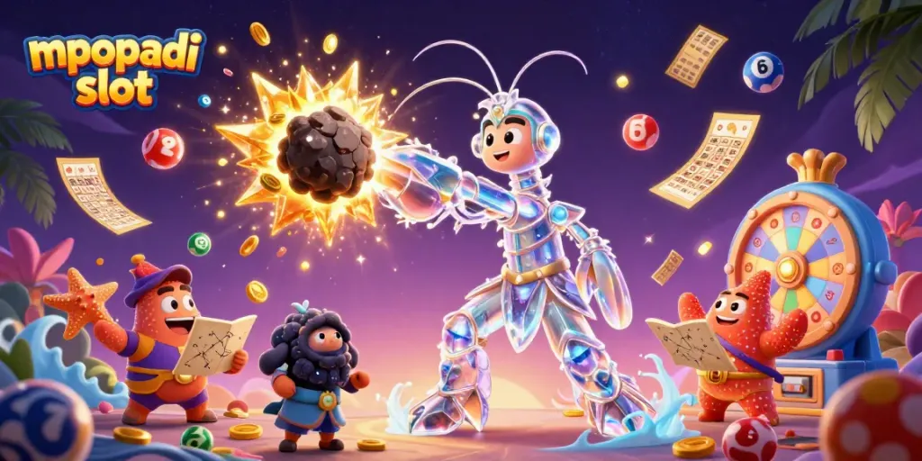 Experience the excitement of mpopadi slot with vibrant illustrations of animated characters and game elements.