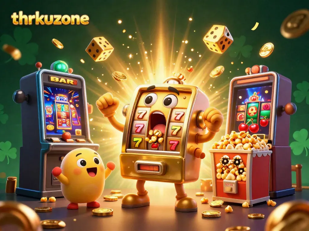 Celebrate the thrill of winning at thrkuzone with a vibrant 3D jackpot scene featuring dynamic slot machines.