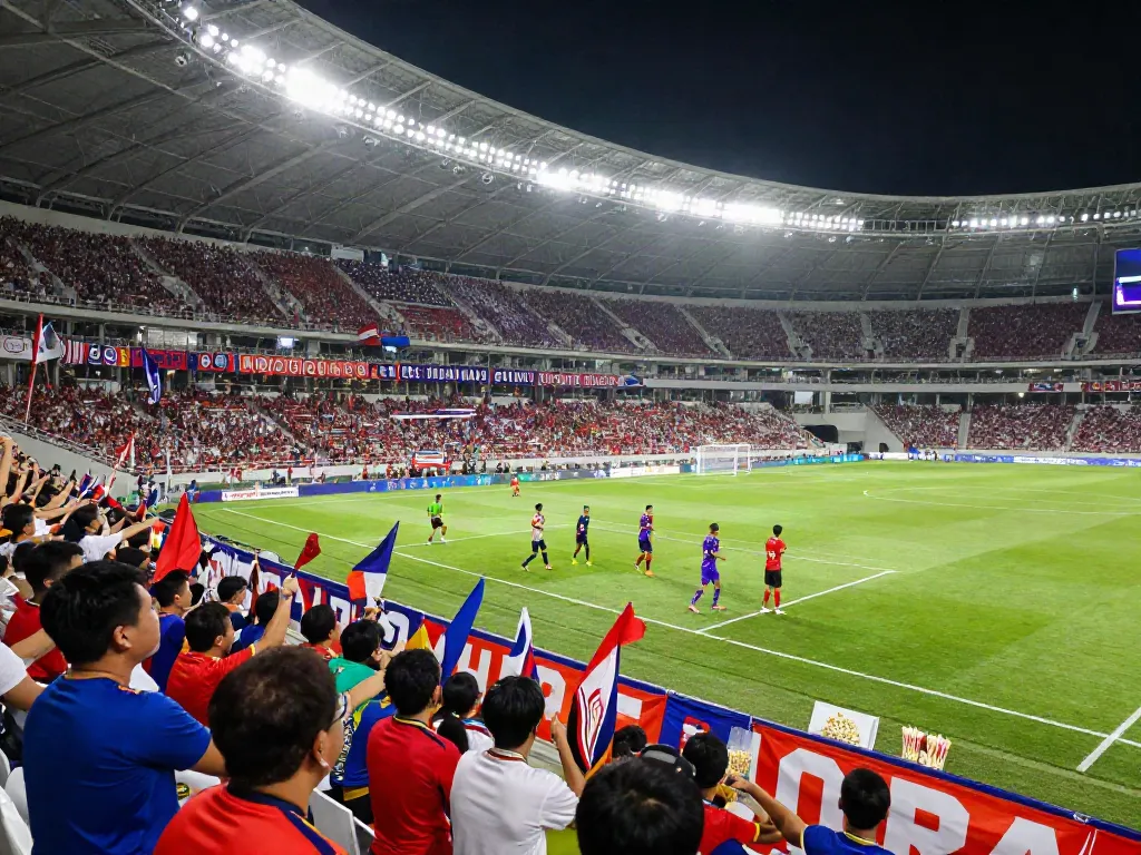 Exciting football match atmosphere showcasing ข่าวฟุตบอลไทย with fans cheering and players warming up.