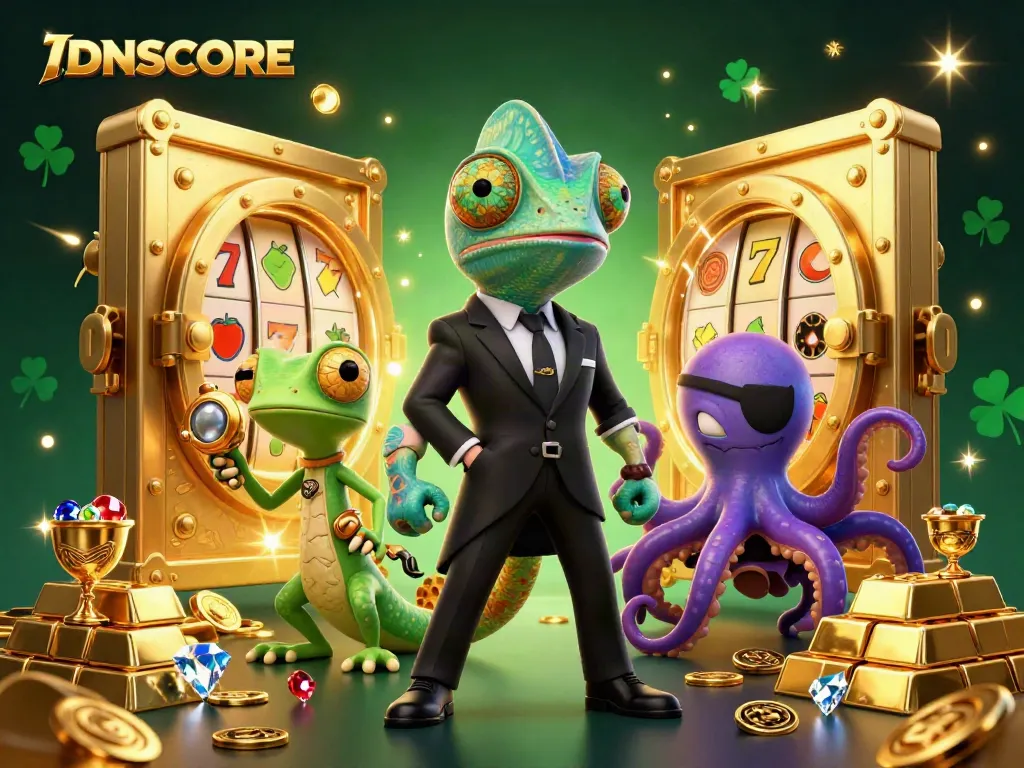 Experience thrilling IDNSCORE action with dynamic slots, treasure, and colorful characters in a casino scene.