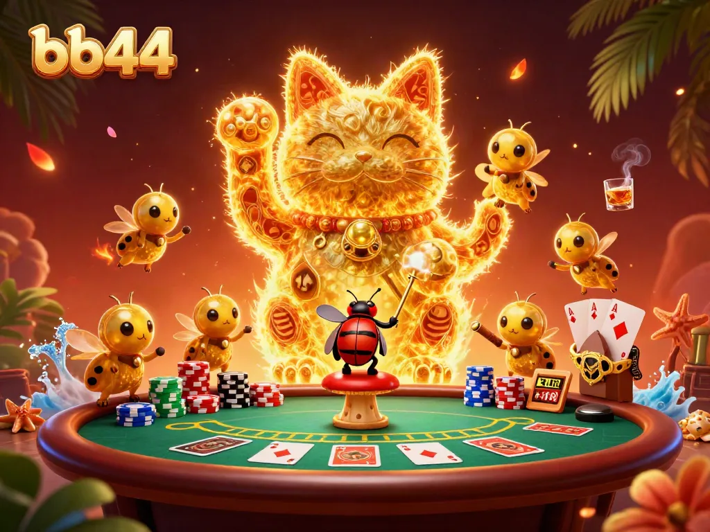 Engaging 3D illustration of bb44 embodying casino elements with vibrant fireflies and poker motifs.
