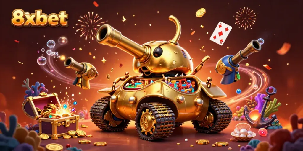Experience the vibrant world of 8xbet with a golden beetle tank showcasing a mini casino filled with excitement.