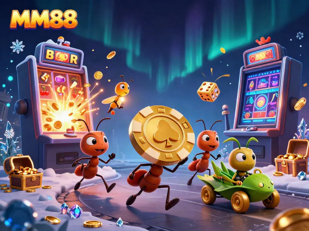 Ants carry a giant poker chip in a dynamic MM88 casino heist scene full of excitement.
