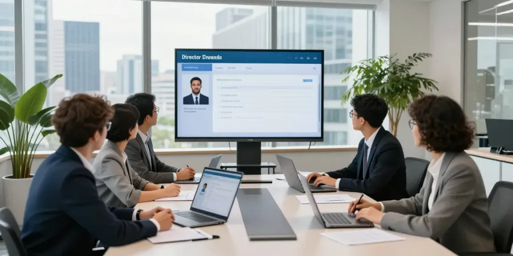 Engaged professionals collaborating on director lookup Ireland in a modern office.