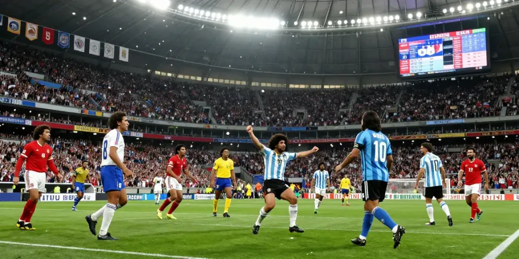 Dynamic scene of TOP10ตำนานนักเตะ celebrating goals in a packed stadium