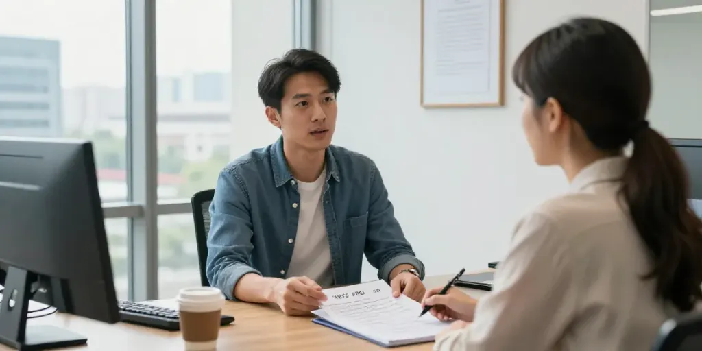 Traffic psychologist discussing MPU wegen alkohol with a client, in a modern office setting.