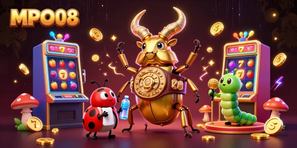 MPO08 features a boxing beetle champion alongside casino slot machines in a vibrant illustration.