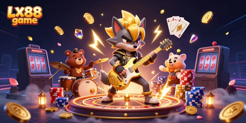 Experience the excitement of the LX88 game with a rock star wolf and a drummer bear in a vibrant casino scene.