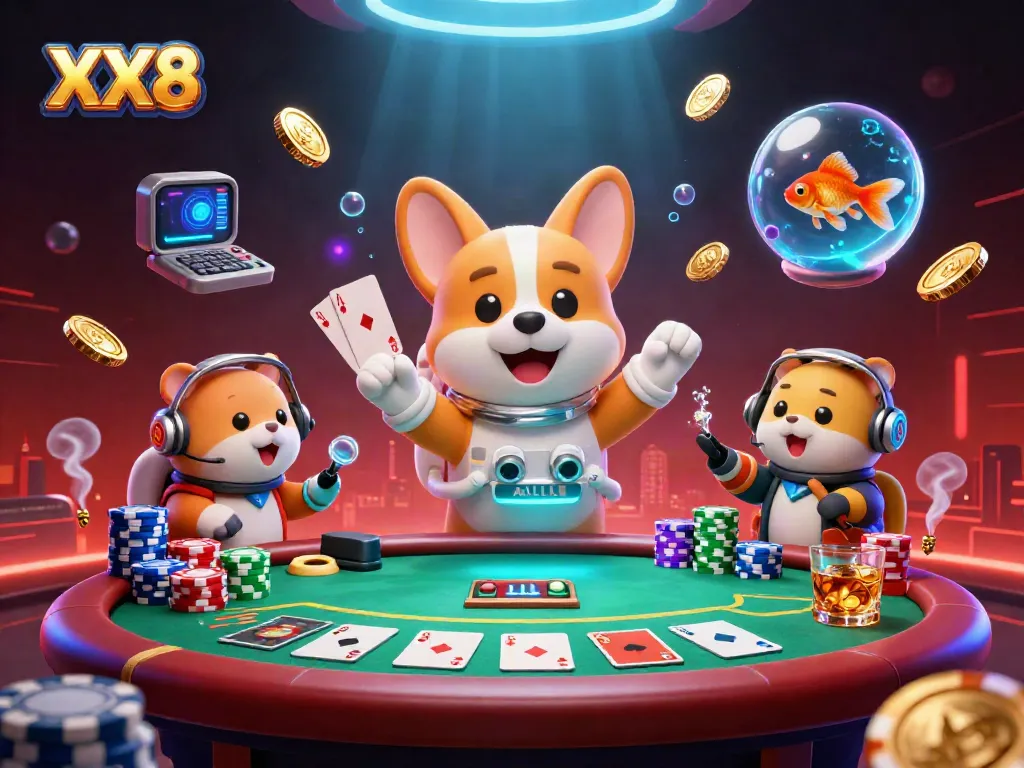 Engage with XX8's immersive casino experience featuring a whimsical 3D astronaut corgi amidst floating poker chips and golden coins.