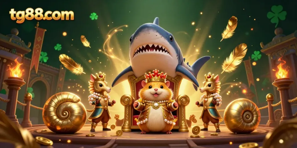 Experience thrilling gameplay at tg88com with a dynamic scene featuring a golden hamster king in a casino atmosphere.
