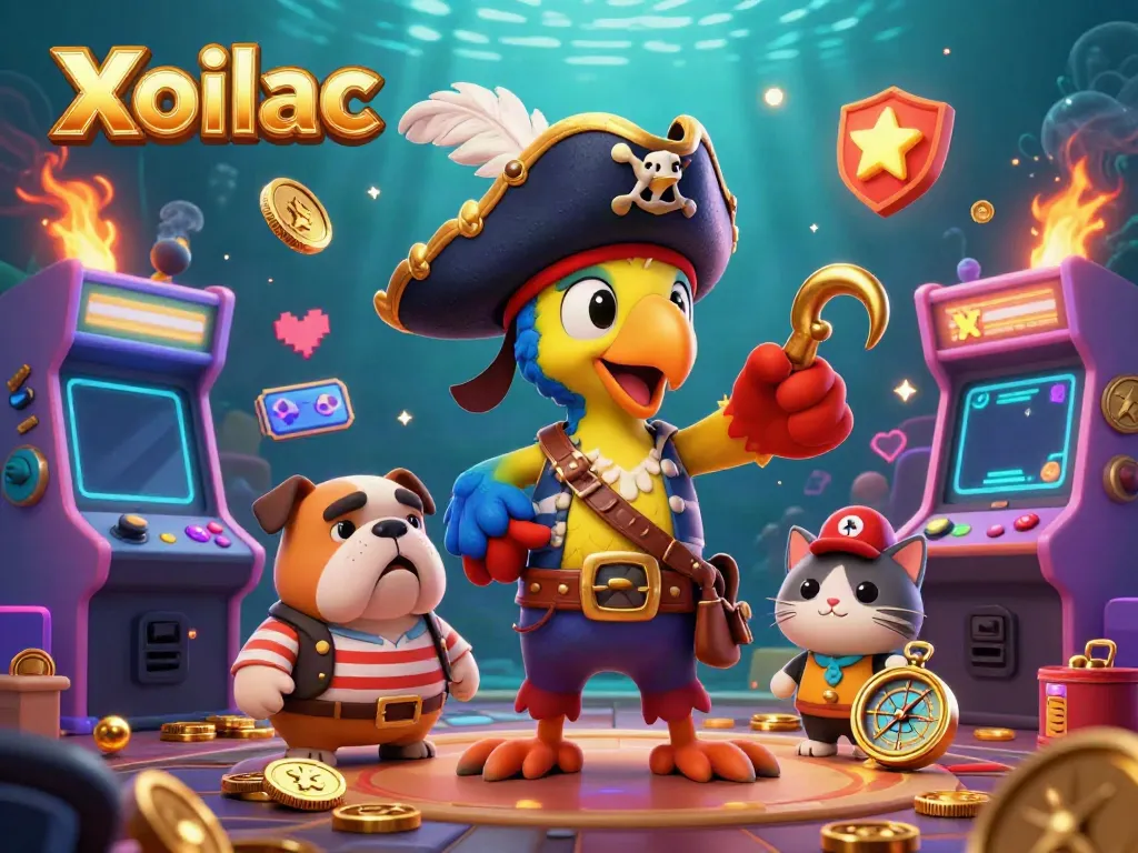 Xoilac engages in an exciting arcade scene featuring vibrant gaming characters and elements.