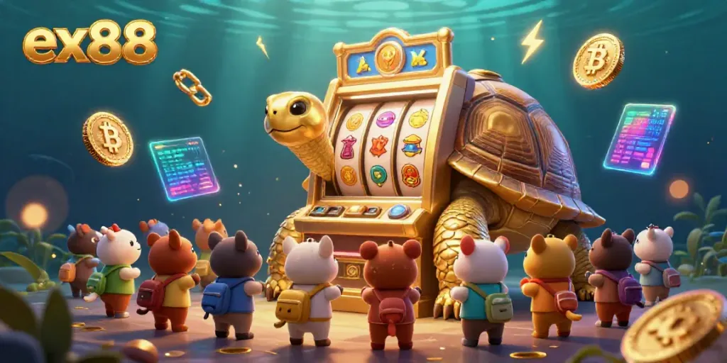 Experience gaming excitement at ex88 with a vibrant golden tortoise slot machine surrounded by animated coins and characters.