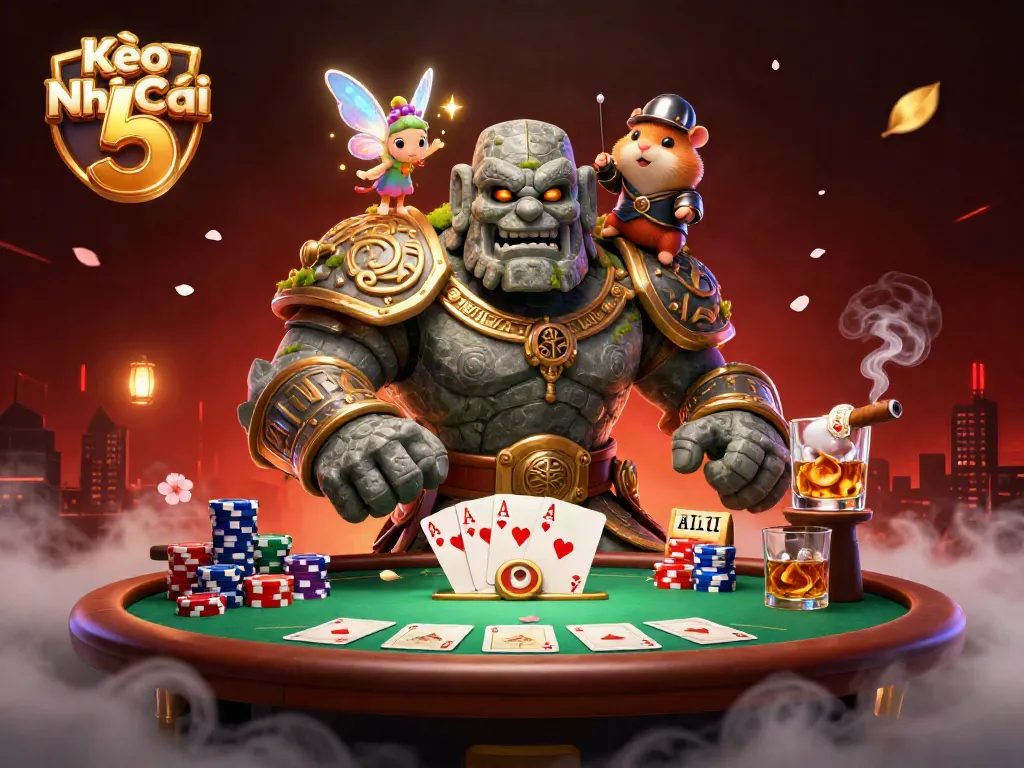 Kèo Nhà Cái 5 showcases a vibrant 3D scene with a golem guardian, fairy magic, and hamster knight amidst a dynamic poker setting.