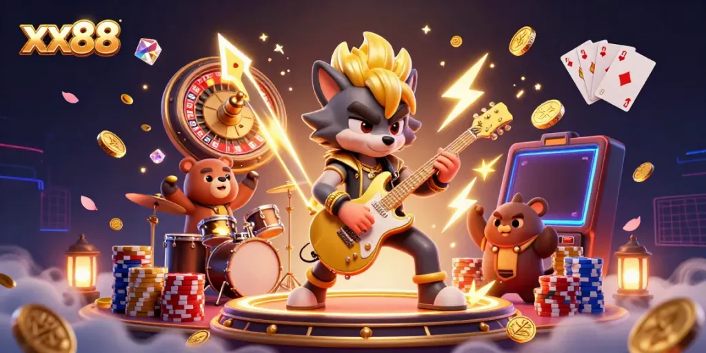 Experience the thrilling energy of xx88 with a lively casino scene featuring rockstar characters and vibrant gaming elements.