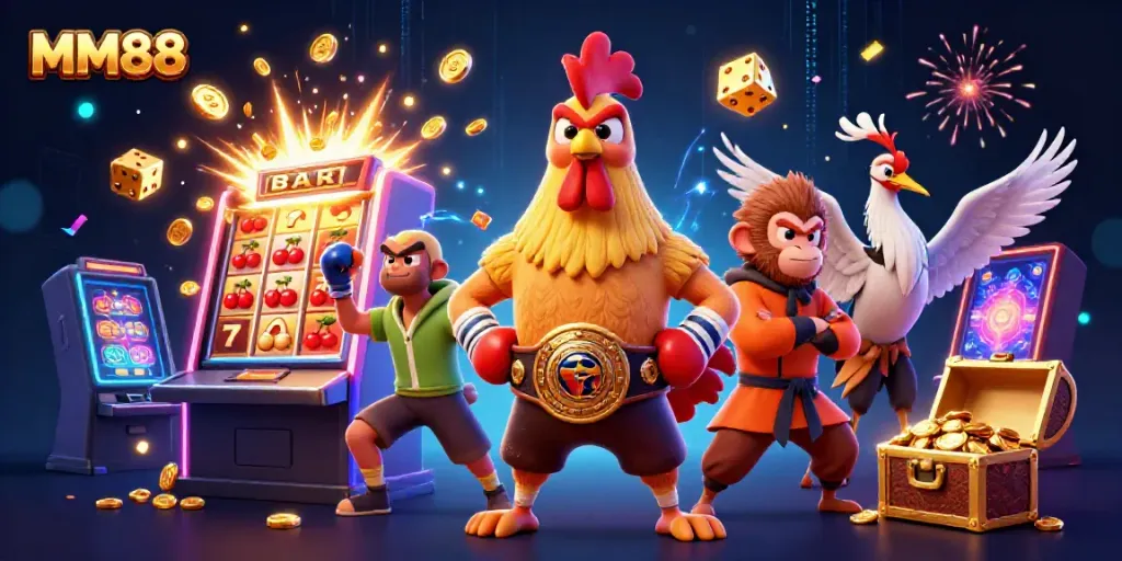 Rooster, monkey, and crane masters celebrate MM88 casino wins amidst bursting slot machines and gold.