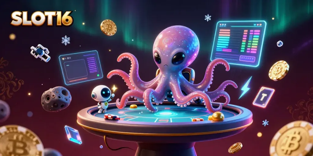 SLOT16 alien octopus at a holographic poker table with crypto coins in a cosmic setting