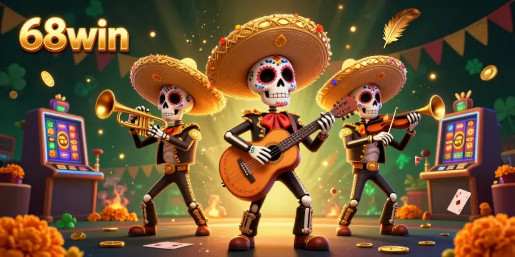 Engage with 68win's lively casino scene featuring vibrant skeleton mariachi band, slot machines, and festive atmosphere.