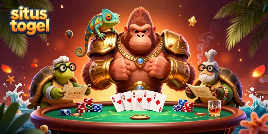 Engage with situs togel through an exciting scene featuring a powerful gorilla king and colorful casino elements.