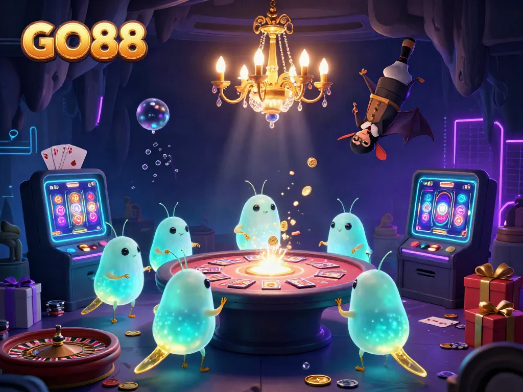 Experience the exciting gameplay at GO88 with vivid illustrations of a lively casino scene filled with glowworms, slot games, and more.