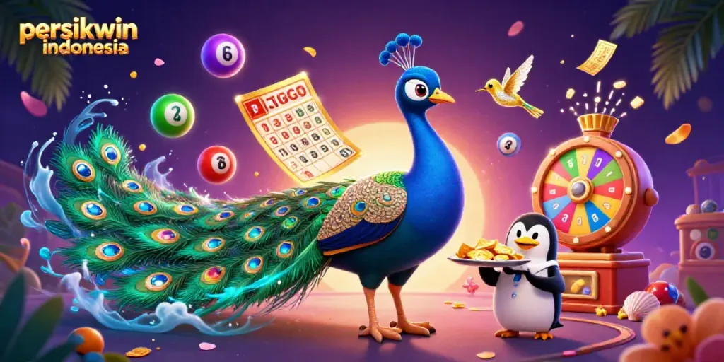 Menggambar permainan lotere dengan persikwin indonesia yang menampilkan burung merak dan pengantar chip emas.