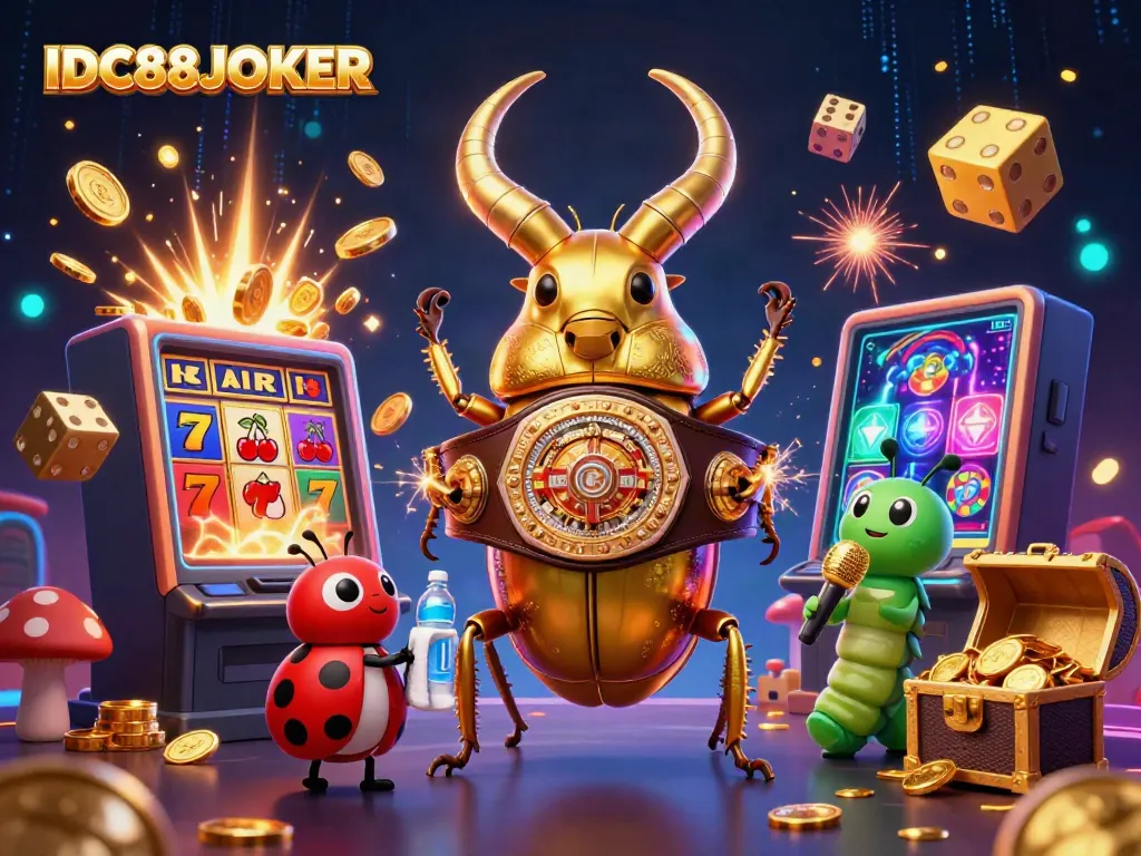 Engage with IDC88JOKER's vibrant 3D cartoon illustration of a boxing beetle and casino-themed elements.