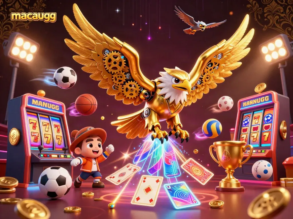 Experience thrilling gameplay with macaugg in a dynamic casino scene featuring a cybernetic eagle.