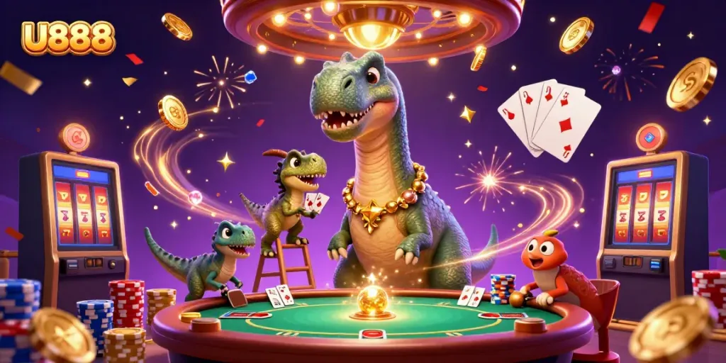 Experience the lively U888 casino atmosphere with unique characters and exciting game elements.