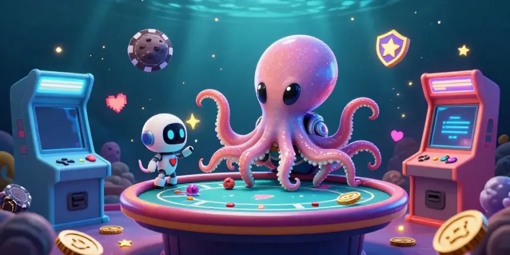Place bets with QQCASH188 at a cosmic poker table surrounded by colorful game elements.
