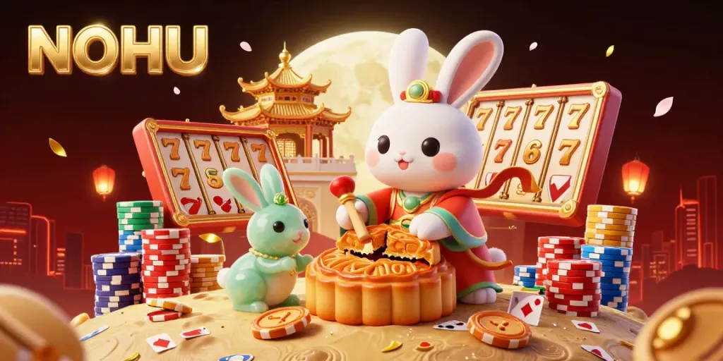 NOHU offers a captivating scene featuring moon rabbit characters celebrating with poker chips and vibrant slot elements.