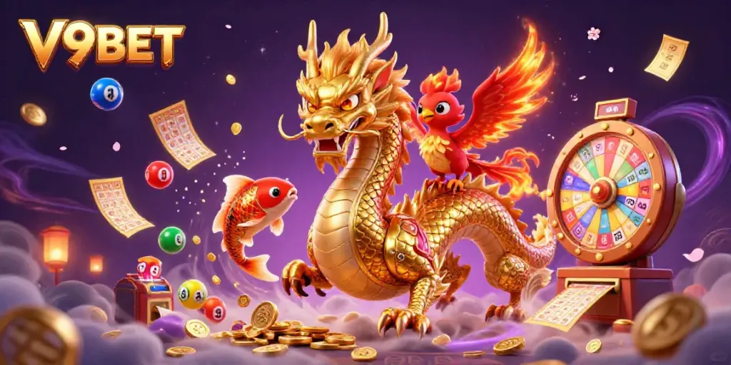 Experience epic wins with V9BET in this vibrant casino scene featuring a golden dragon and phoenix.