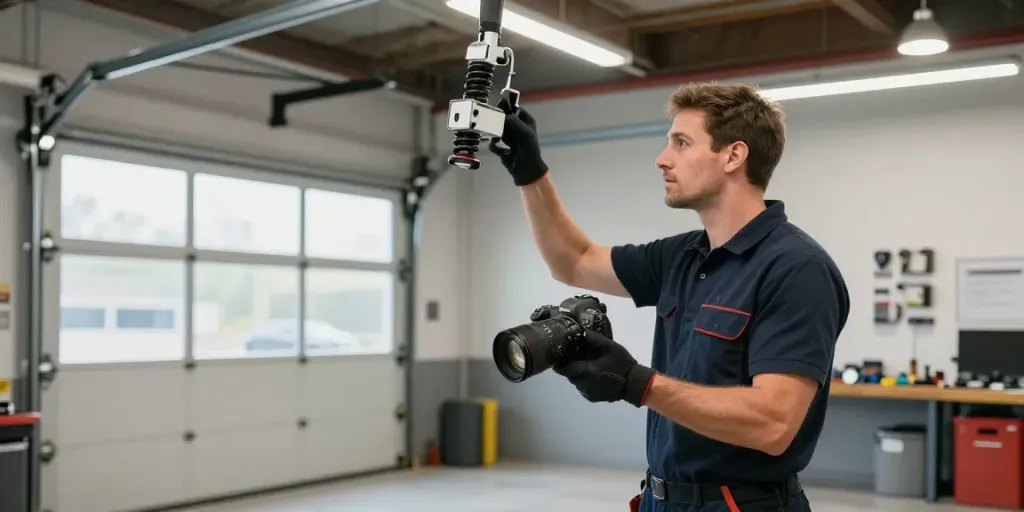 Commercial garage door repair technician working in Bedford, demonstrating fast and efficient repair services.